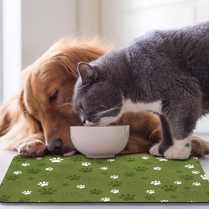 Dog Food Mat, Absorbent Water Bowl Mats Cat Pet Feeding Placemats Dark Green 12 * 20 inch