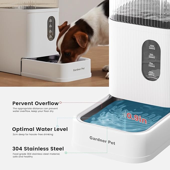 Gardner Pet Automatic Dog Water Dispenser Gravity Waterer with Stainless Steel Bowl Water Dispenser 8.5L Large Capacity Water Feeder with Filters for Dogs Cats Pets, BPA-Free Noise-Free (White, 8.5L)
