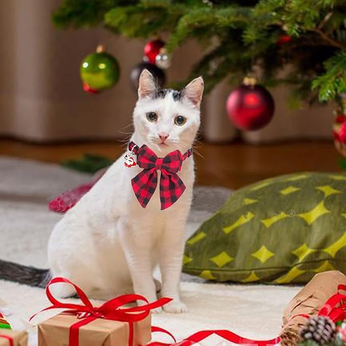 ADOGGYGO Christmas Cat Collars Breakaway with Bowtie, 2 Pack Red Green Plaid Xmas Kitten Collar with Removable Bow Bell Christmas Collar for Cats Kittens
