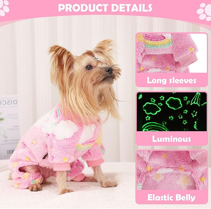 Dog Sweaters Small Girl Warm Fleece Pajamas, Cute Extra Small Dog Clothes, 4 Legs Puppy Jumpsuit Pjs Soft Stretchy Doggie Onesies Pet Outfit Apparel for Chihuahua Yorkie, Rainbow Pink, XXS