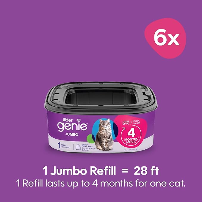 Litter Genie Refill Bags | Jumbo 6-Pack 168 total ft | Up to 24 months of supply in 6 cartridges | Ultimate Odor Control Cat Litter Bags