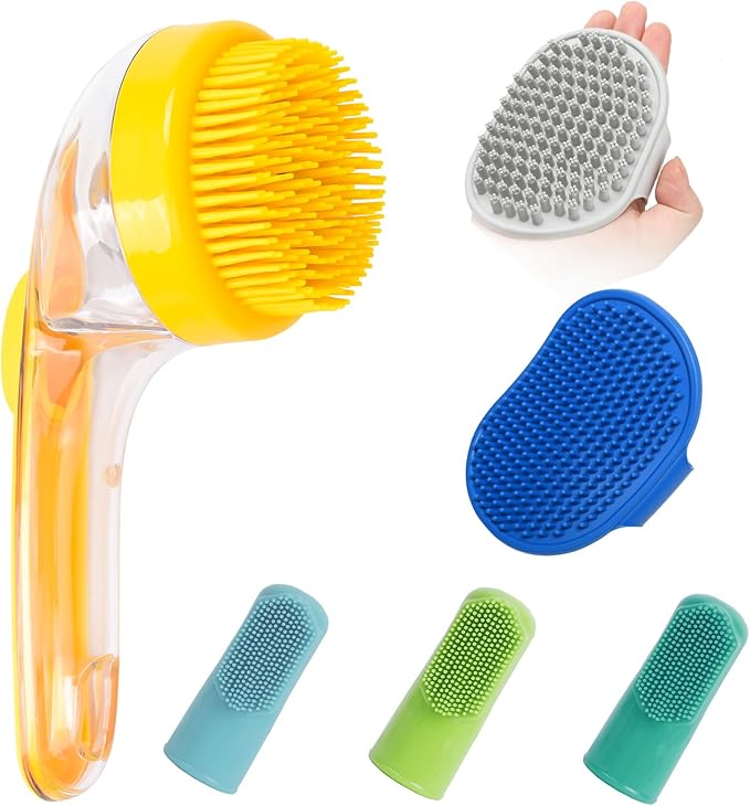 (6 Pcs) ELEGX Pet Grooming Bath Massage Brush with Soap and Shampoo Dispenser Soft Silicone Bristle for Long Short Haired Dogs Cats Shower