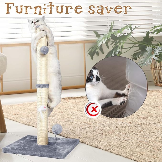 ANWA 32" Tall Cat Scratching Posts for Indoor Cats, 3-in-1 Cat Scratching Post with Plush Toys, Premium Sisal Post for Cats at All Ages with Reinforced Stable Base, Gray
