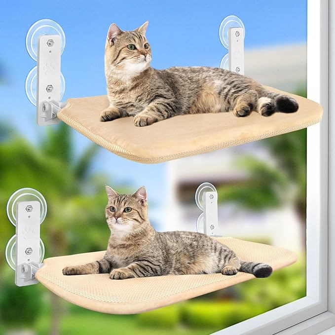 Sunhoo 2PCS Cat Window Hammock Perch Cordless Window Sill Seat Bed Foldable Kitty Lounger Indoor Cats Shelf Stable Upgraded Suction Cup Easy Assembly 20.5 * 11.8in Hold Up to 55lbs (Beige, M)