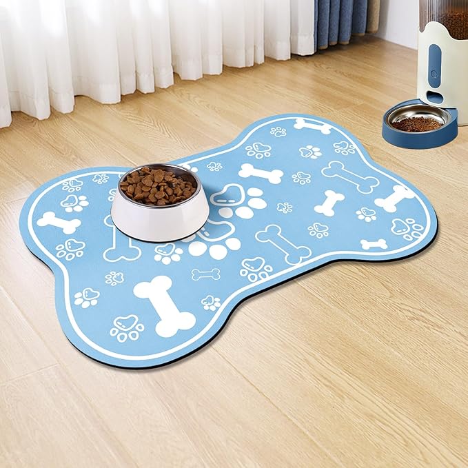 Dog Cat Mat for Food and Water,Rapid Absorbent Pet Feeding Mat, Bone Shaped Dog Placemat Bowl Mat with Rubber Backing,No Stains Pet Food Mats Indoor, Pet Accessories Supplies,Blue 12"×18"