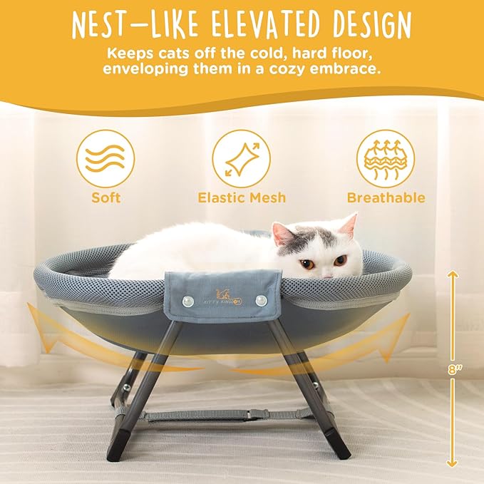KITTY KINGDOM Elevated Cat Hammock Bed, Foldable No-Assembly Cat Bed with Breathable Mesh for Indoors and Outdoors Use, Lightweight Raised Pet Bed for Cats and Small Dogs