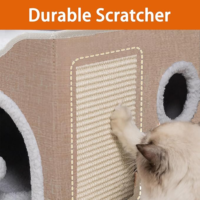 Cat Houses for Indoor Cats - Large Cat Bed Cave with Scratch Pad and Fluffy Ball, Foldable Cat Condo Hideaway with Reversible Cushion for Multi Small Pet, Khaki