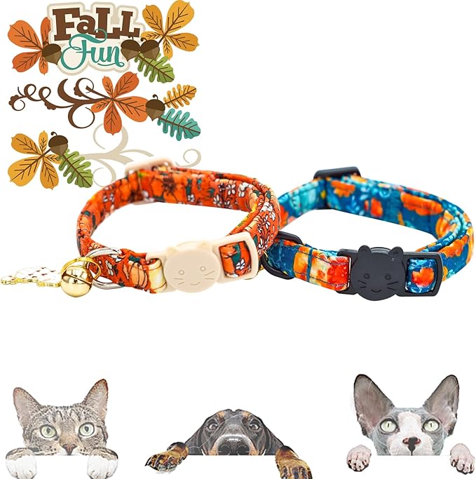 Elegant little tail Halloween Cat Collar-2 Pack Pumpkin Print Fall Cotton Breakaway Cat Collars with Bell Pendant Kitten Boy Girl Safety Adjustable Collar for Small Cats Puppy