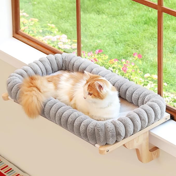 Zakkart SnugCloud Cat Perch for Window Sill with 4-Sided Bolster - Orthopedic Cat Window Hammock - Solid Hardwood & Metal Frame - Window Seat for Pets (Natural Color Wood w/Gray Bed, Medium)