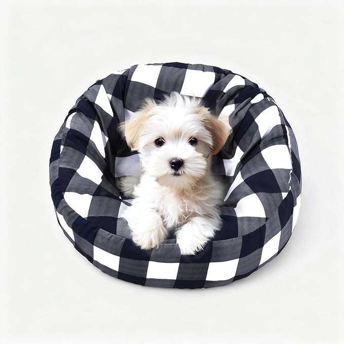 Round Dog Bed Cover Washable Elastic Edged Pet Bed Protector with Black Lattice Pattern Design for Medium & Small Pet Beds, Cover Only (Lattice, 30×9.8 Inch)
