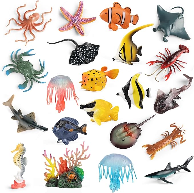 Sea Animals Toys Figures 21Pcs, Plastic Marine Creature Shark Fish Starfish Crab Lobster Octopus Seahorse Coral Jellyfish Ocean Life for Kids Birthday Party Favor Cake Decoration