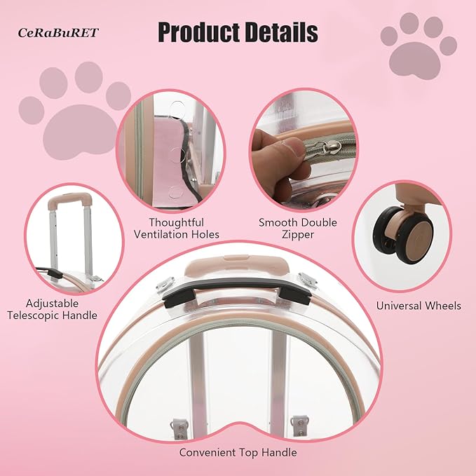 Transparent & Fully Breathable Hard Cat Carrier with Rolling Wheels, Multiple Carrying Carrier for Cats, Dogs, Or Bunnies for Traveling, Taking a Walk, Applicable Weighing up to 19.84lbs (Pink,Clear)