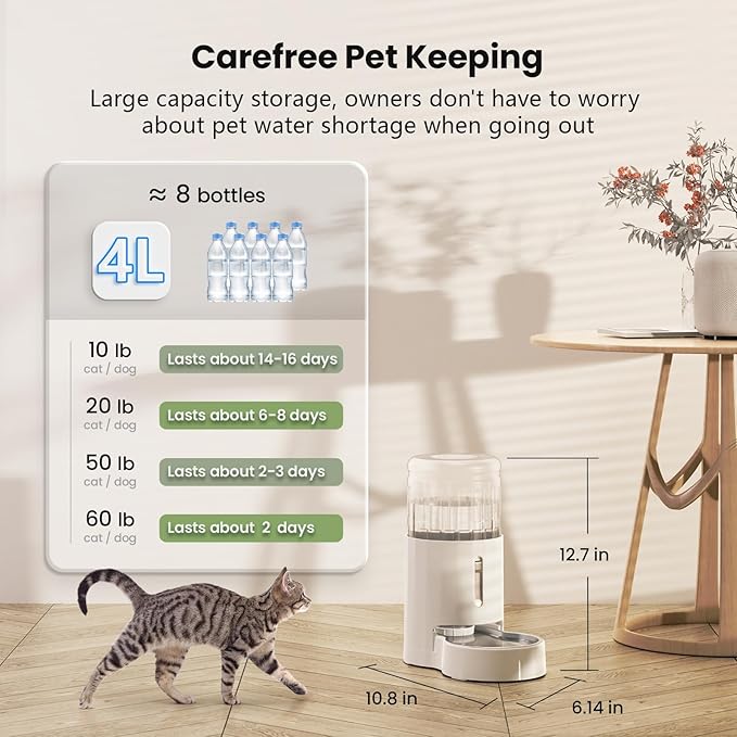 CZPET Automatic 4L/1Gal/135Oz Cat Water Dispenser with Stainless Steel Bowl, Gravity Waterer for Small Medium Dog Puppy Kitten (White)