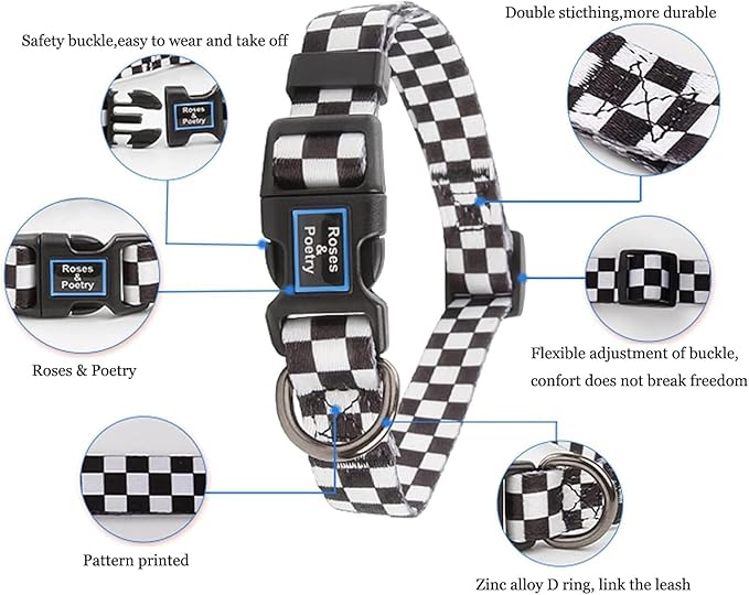 Roses&Poetry Dog Collar with Colourful Checkered Patterns, Adjustable Durable Puppy Collars for Small Medium Large Dogs (Black & White-S)