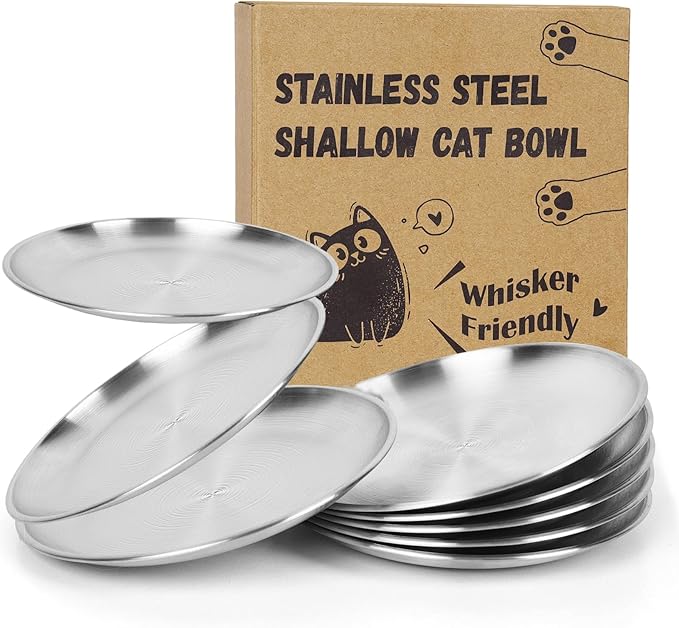 8-Pack Stainless Steel Cat Food Bowls, Shallow Whisker-Friendly Non-Slip Silicone Base Metal Dishes, Easy to Clean Indoor Feeding Flat Plates for Cat, Kitten, Small Dog (6.7")