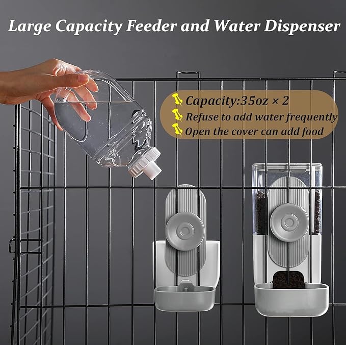 Kenond Hanging Automatic Food Water Dispenser, 35oz Rabbit Feeder Guinea Pig Water Bottle Feeder for Ferret Guinea Pig Rabbit Bunny Cage Accessories(Gray)