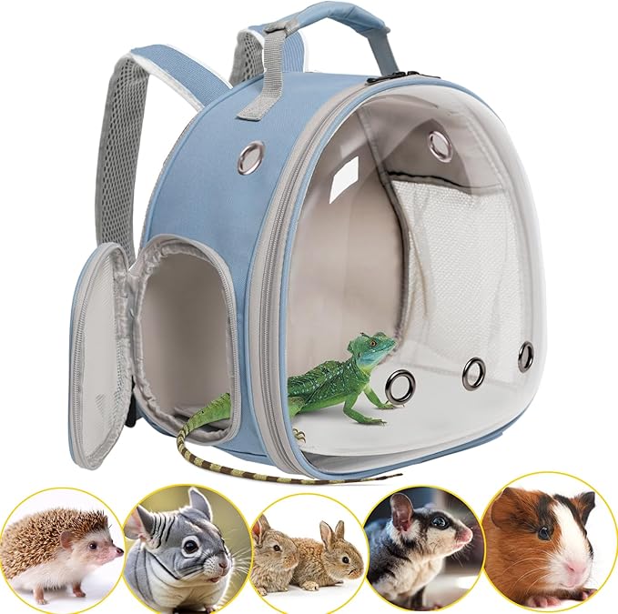 Hamster Backpack Carrier, Bearded Dragon Carrier Backpack with Clear Bubble Window,Small Animal Travel Backpack for Sugar Glider Hedgehog Rat Parrot, Airline Approved (Blue, Backpack)