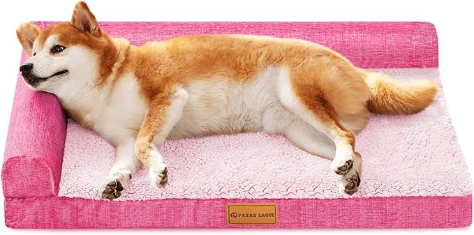 Patas Lague Orthopedic Dog Bed Large Sized Dog 36''X24'', Waterproof L Bolster Medium Pet Sofa Beds with Removable Washable Cover, Soft Comfortable Pet Couch Crate Mat with Nonskid Bottom, Pink