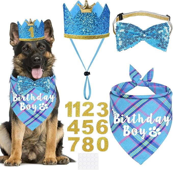 Dog Birthday Party Supplies, Multi Sizes Dog Birthday Bandana Boy Dog Birthday Hat Crown with Birthday Numbers Bow Tie for Large Extra Large Dogs Pets (Light Blue, X-Large)