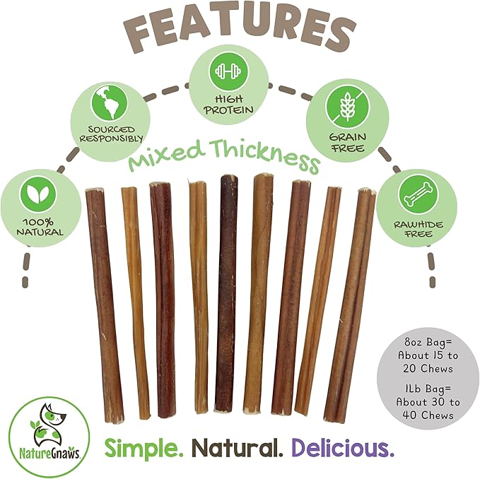 Nature Gnaws Thin Bully Sticks for Dogs 5-6" (8oz) - Mixed Thickness - Long Lasting for Small Dogs and Puppies - Natural Thin Beef Dog Chew Bones - Rawhide Free