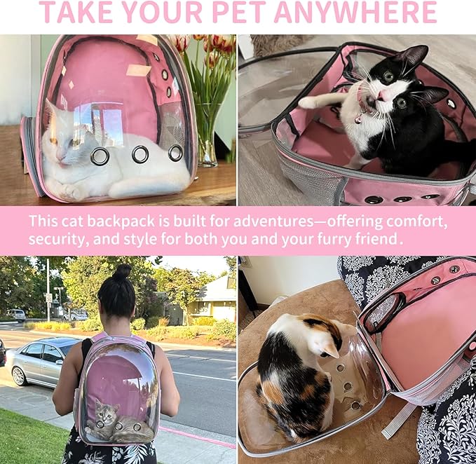 Cat Backpack Carrier, Back Expandable Pet Backpack with Bubble Window, Airline Approved Pet Travel Bag for Small/Medium Cats & Puppies, Hiking, Camping, Outdoor Use (Pink)