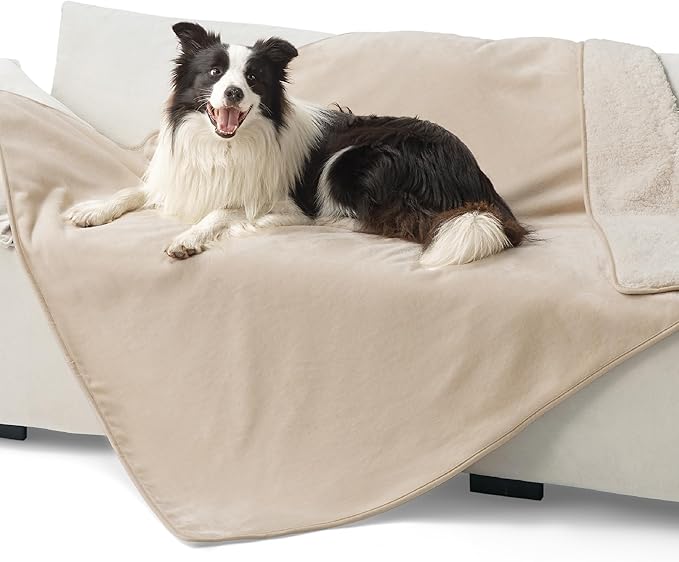 Bedsure Waterproof Dog Blankets for Extra Large Dogs - XL Cat Blanket Washable for Couch Protection, Sherpa Fleece Puppy Blanket, Soft Plush Reversible Throw-XL Furniture Protector, 50x70, Cream