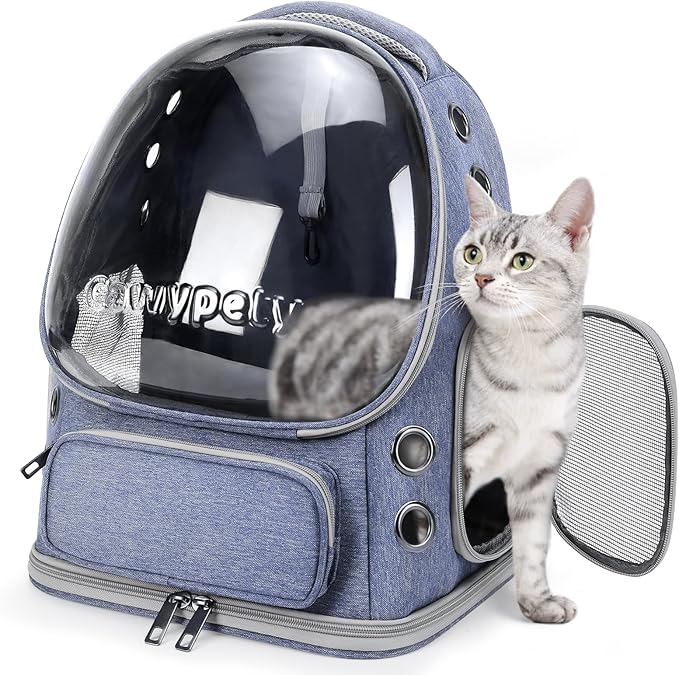 Cat Backpack Carrier, Breathable Cat Carrier Large Space Bubble Pet Backpack for Kitty Small Dog up to 12lbs, Transparent & Foldable Pet Carrier for Travel Hiking (Blue