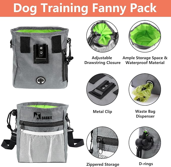 BARKIE Dog Training Kit - Treat Pouch, Pet Training Fanny Pack, 2 Puppy Training Clickers, Ultrasonic Silent Whistle, 2-in-1 Whistle Clicker, Clicker Training Guide Booklet, Dog Poop Bag (Grey)