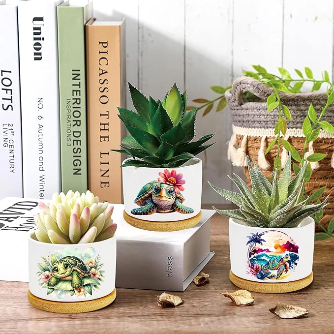 Turtle Succulent Pots 3 Pack, 3 Inch Succulent Planters with Drainage and Bamboo Tray, Turtle Gifts for Women, Ceramic Small Pots for Baby Plants, Cactus, Herbs- Plants Not Included