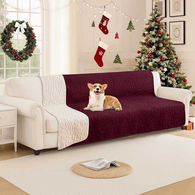 Waterproof Dog Bed Cover Pet Blanket, Soft Couch Cover for Dogs Washable, Non-Slip Dog Blanket Protect Furniture Couch Sofa Car for Puppy Large Dogs Cat Christmas (82x102 Inch, Burgundy)