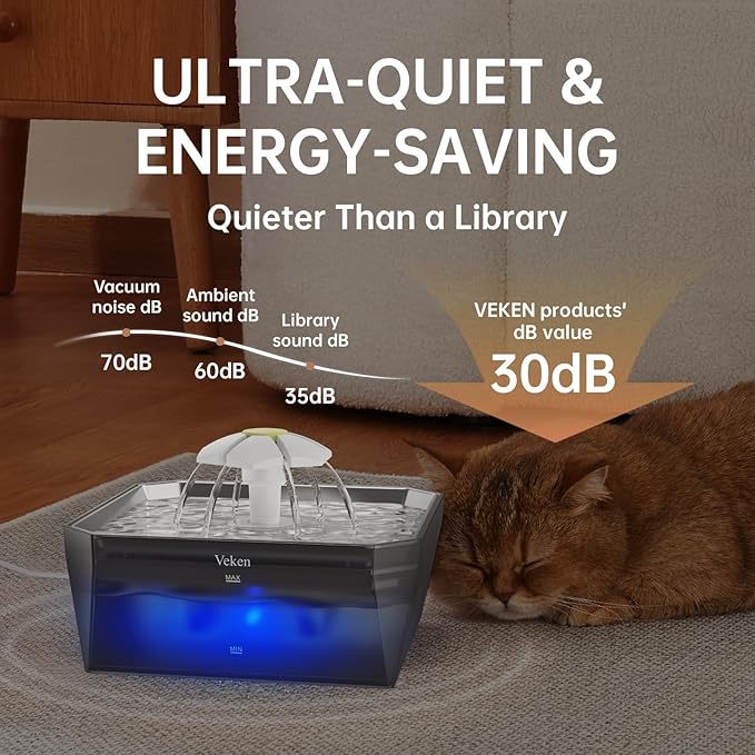 Veken Small Pet-Friendly Cat Water Fountain with Stainless Steel Lid & Quiet Pump, Easy to Clean & Assemble, 50oz Mini Pet Water Dispenser with 4 Replacement Filters & 4 Pre-Filter Sponges, Silver