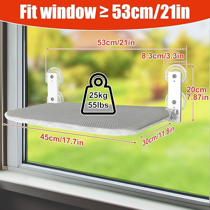 Sunhoo Cat Window Hammock Perch Cordless Perches Window Sill Seat Bed Foldable Stable Lounger Upgraded Suction Cup Easy Assembly Indoor Cats Kitty Shelf Hold Up to 55lbs (Light Gray, S)