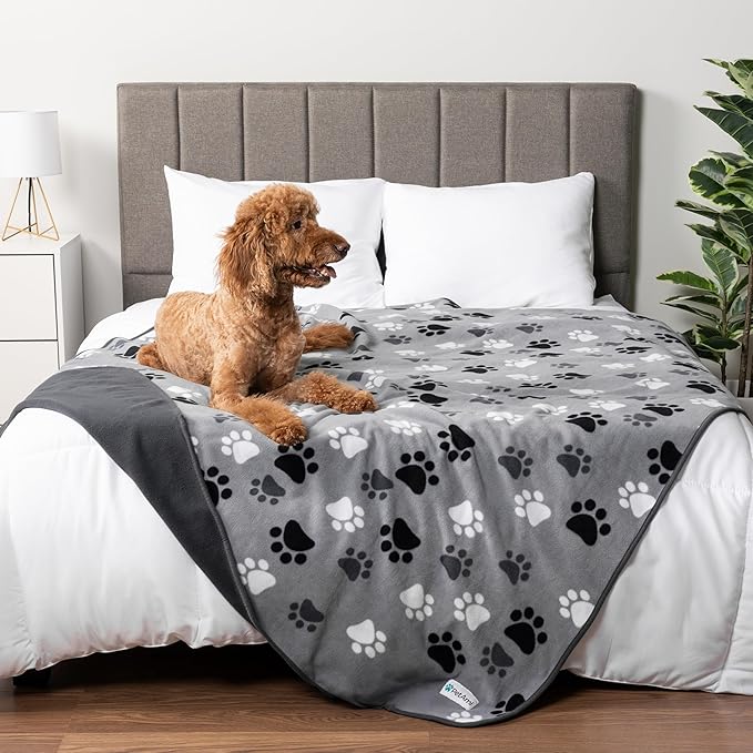 PetAmi Waterproof Dog Blanket for Extra Large Pets Dogs Cats, Large Pet Couch Cover Protector for Furniture, Reversible Washable Soft Fleece Cat Blanket for Bed Couch Sofa, 60x80 (Paw Print Gray)