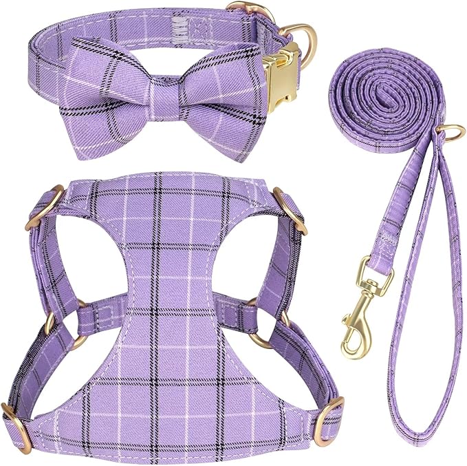 Beirui Cute Small Dog Harness Collar and Leash Set with Bowtie, Soft Adjustable Plaid Puppy Harness for Small Sized Dogs Cats Walks Parties and Photoshoots(Purple,S:Chest 17-23")
