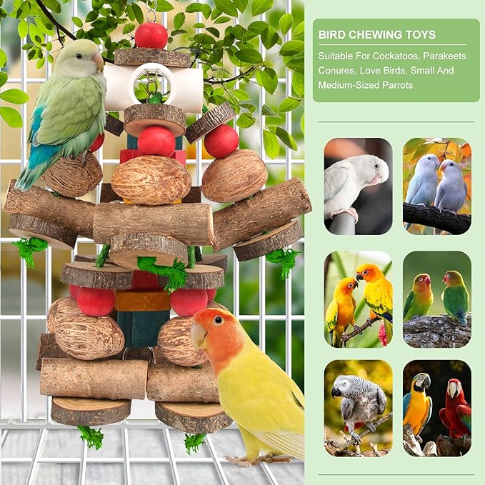 Kyouki Large Parrot Toy, Bird Toys for Cockatoos,Macaws, African Grey, Amazon Parrots,Conures, Lovebirds, Multicolored Natural Wooden Blocks Chewing Toys Bird Cage Accessories (Natural)