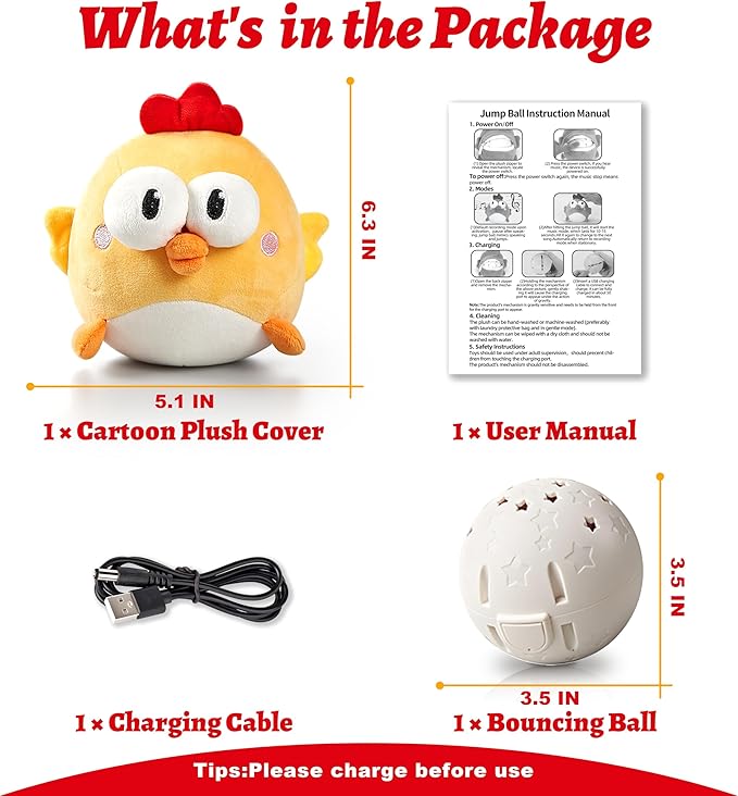 Interactive Dog Toys, Squeaky Moving Ball Toy with Jumping & Music Modes, Rechargeable Plush Chew Toys for Small/Medium/Large Dogs to Keep Puppy Busy Pet Toys (Chick)