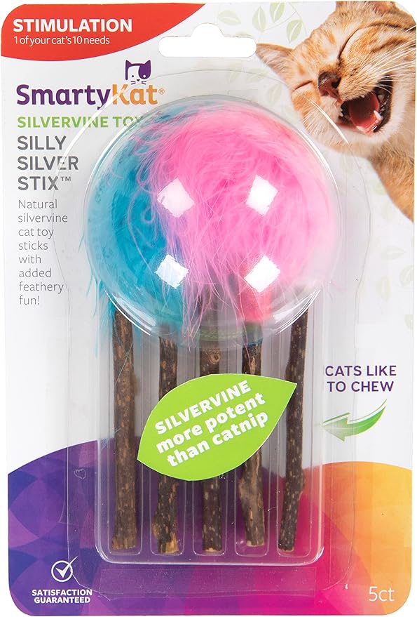 SmartyKat (5 Count) Silly Silver Stix Natural Silvervine Cat Toys - Blue/Pink, One Size