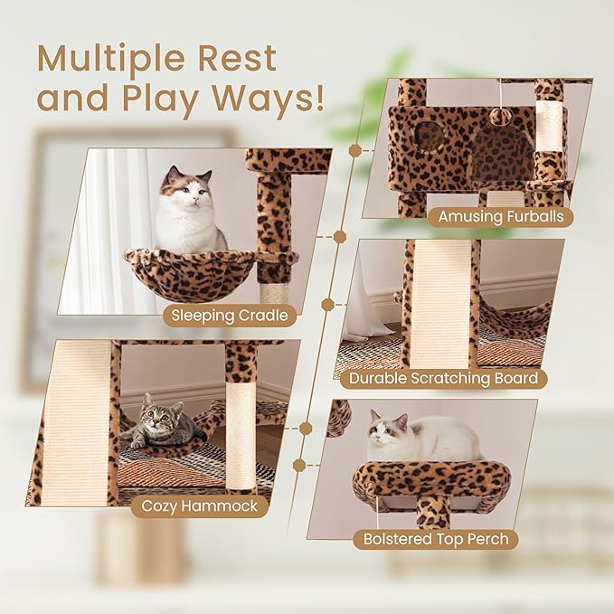 SHA CERLIN 65in Larger Cat Tree Tower Condo for Indoor Kitties/Multi-Level Furniture Activity Center with Wide Base/Cozy Plush Cat Perches/Baskets/Sisal Scratching Posts and Hammock/Leopard Print