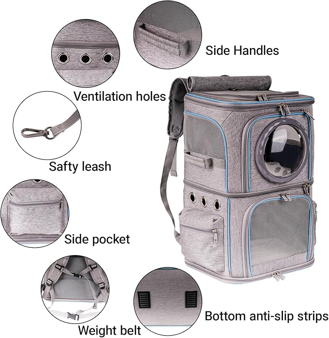 2-in-1 Pet Carrier Backpack for Two Cats or One Dog, Double-Layer 2 Compartment Carry Bag to Transport Small Animals Traveling and Hiking, Space Capsule Clear Bubble Dome