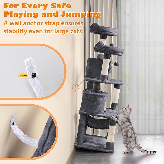 Yaheetech 62.5inches Cat Tree Cat Tower Cat Condo with Platform & Hammock, Scratching Posts for Kittens Pet Play House with Plush Perch for Indoor Activity Relaxing, Dark Gray