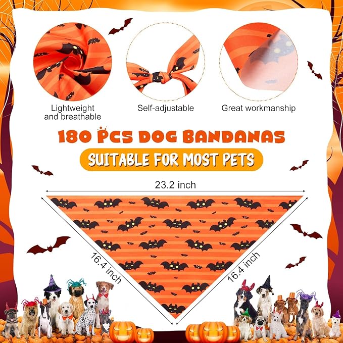 Aliceset 180 Pcs Halloween Dog Bandanas Bulk Halloween Bandana for Dog Adjustable Washable Pet Triangle Scarf Cute Kerchief Scarves for Pet Holiday Party Costume Photo Props Accessories Decorations