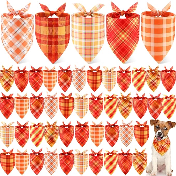 Weewooday 50 Pcs Thanksgiving Fall Dog Bandanas Bulk Plaid Bandanas for Dogs Autumn Soft Doggie Bibs Triangle Scarves for Small Medium Large Pet Costume(Plaid Pattern, 25.6 x 17.7 x 17.7 Inch)