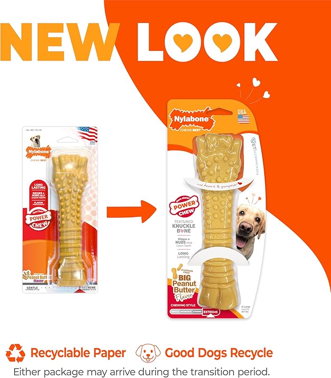 Nylabone Power Chew Textured Knuckle Bone - Dog Toys for Aggressive Chewers - Peanut Butter Chew Toy - Large Dog Chew Toys - Peanut Butter Flavor, X-Large - Over 50 Ibs. (1 Count)