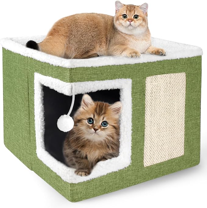 Cat Houses for Indoor Cats - Large Cat Bed Cave with Scratch Pad and Fluffy Ball, Foldable Cat Condo Hideaway with Reversible Cushion for Multi Small Pet, Green