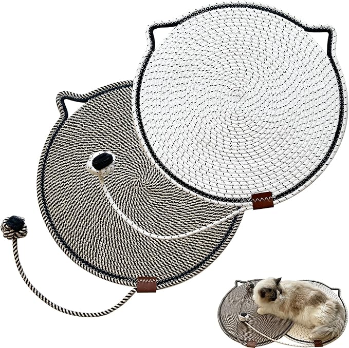 Cat Scratcher Mat Natural Cotton Rope Cat Scratching Pad, Large Size Scratching Pad with Toy (2 Packs 19.6'') (Black + White)