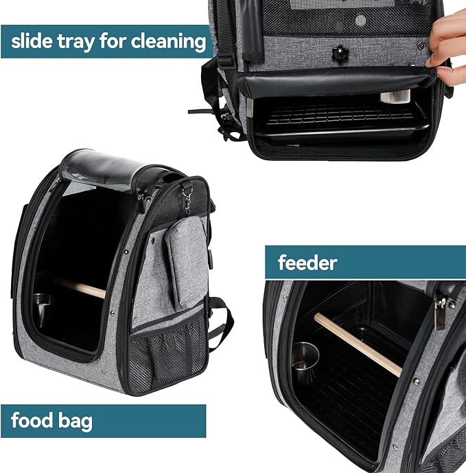 Petsfit Bird Carrier Medium Size with Stainless Steel Bowl, Parrot Backpack Includes Slide Tray for Easy Cleaning, 13" x 10" x 16"