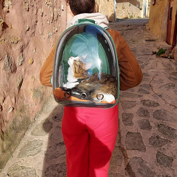 Cat Backpack Carrier, Back Expandable Pet Backpack with Bubble Window, Airline Approved Pet Travel Bag for Small/Medium Cats & Puppies, Hiking, Camping, Outdoor Use (Green)