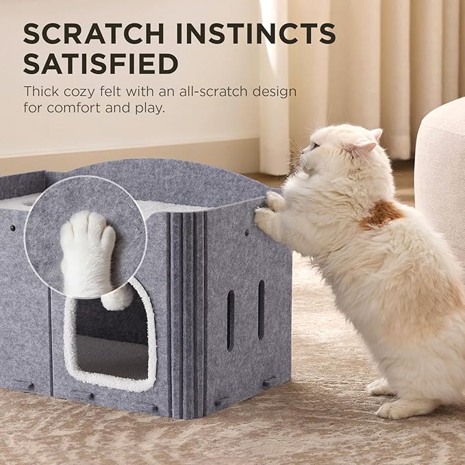 Joydeco Cat House for Indoor Cats, Extra Wide Scratch Resistant Felt Cat Condo, Hideaway Pet Cave Bed with Fluffy Ball and Tunnel for Kitten, Small Dogs, Rabbits, 22.4 x 13.7 x 14.9, Grey