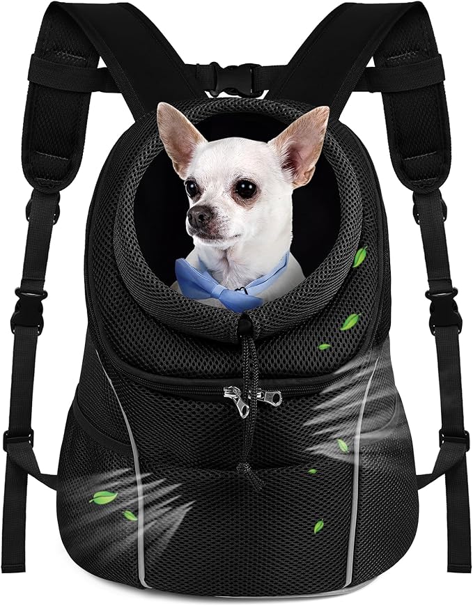 WOYYHO Pet Dog Carrier Backpack Small Dog Front Backpack Ventilated Dog Carrier Back Pack with Storage Pockets, Adjustable Straps & Safety Belt for Travel Hiking Outdoor (Size M: 5-9 lbs, All Black)
