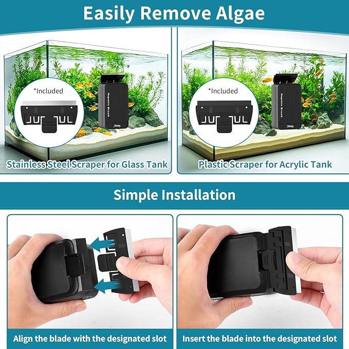 hygger Aquarium Magnet Glass Cleaner, Magnetic Fish Tank Cleaner with 2 Blades for Glass and Acrylic Aquariums, Aquarium Algae Scraper with Super Strong Magnet for Tank Thickness Up to 0.2 Inch (S)